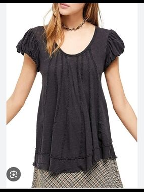 Free People Charcoal Scoop Neck Puff Sleeve Tunic